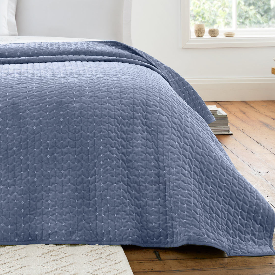Bianca Cotton Attica Velvet Embroidered Bedspread Blue