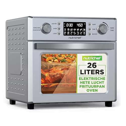 NutriChef Airfryer Oven met Rotisserie en Stoomfunctie, 26L, Multifunctionele Airfryer met 10 Digitale Voorinstellingen en Accessoires, Rvs