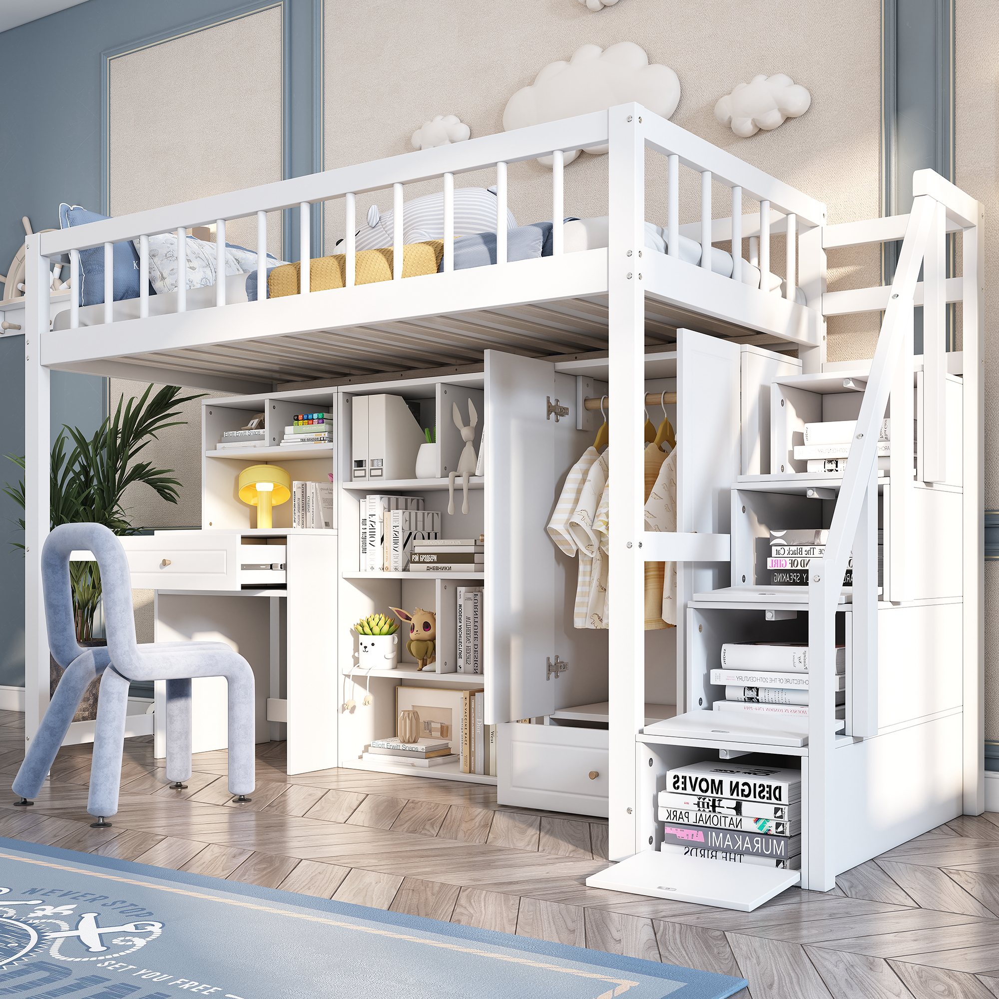 Merax Etagenbett 90x200cm mit Treppe und Schreibtisch, Hochbett mit Schließfächern und Kleiderschrank, Kinderbett mit Rausfallschutz und Regalen, Weiß