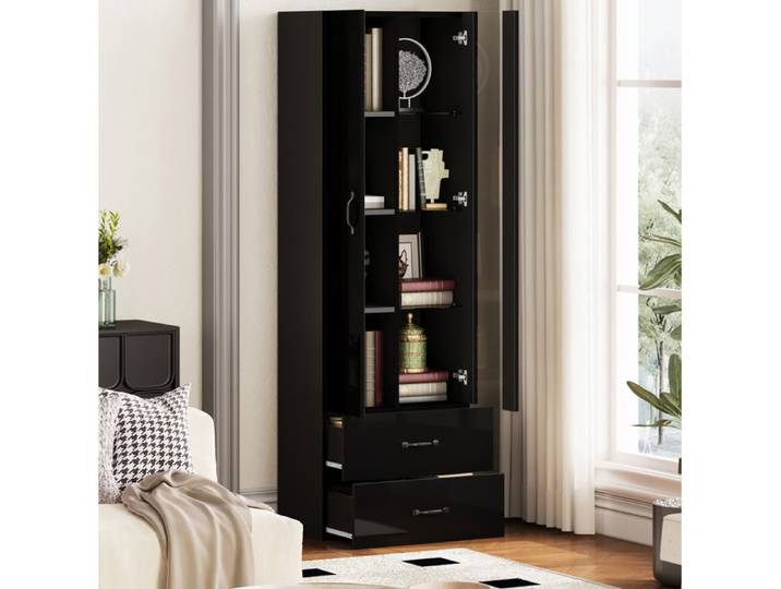 Vitrine LED IVMEU noire 2 portes 2 tiroirs colonne de rangement 60 x 35 x 182 5 cm