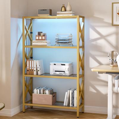 Rackcog Modern Gold Bookshelf with Tempered Glass Shelves, 3-5 Tiers Display Storage Shelving