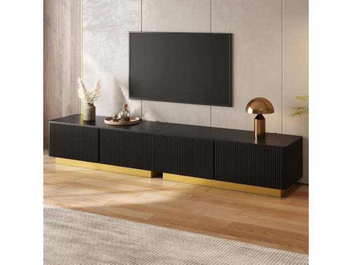 Merax TV-Lowboard 200x40x35 cm mit vertikaler Rillenstruktur, Schubladen & Kabelmanagement – modernes Sideboard für Wohnzimmer, Schwarz