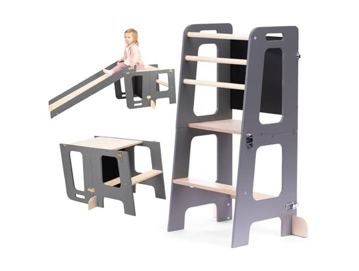 Montessori Lernturm für Kinder Klappbarer Küchenhelfer mit Rutsche & Tafel Stehturm ab 1 Jahr (Dunkelgrau und Holz, Mit Rutsche)