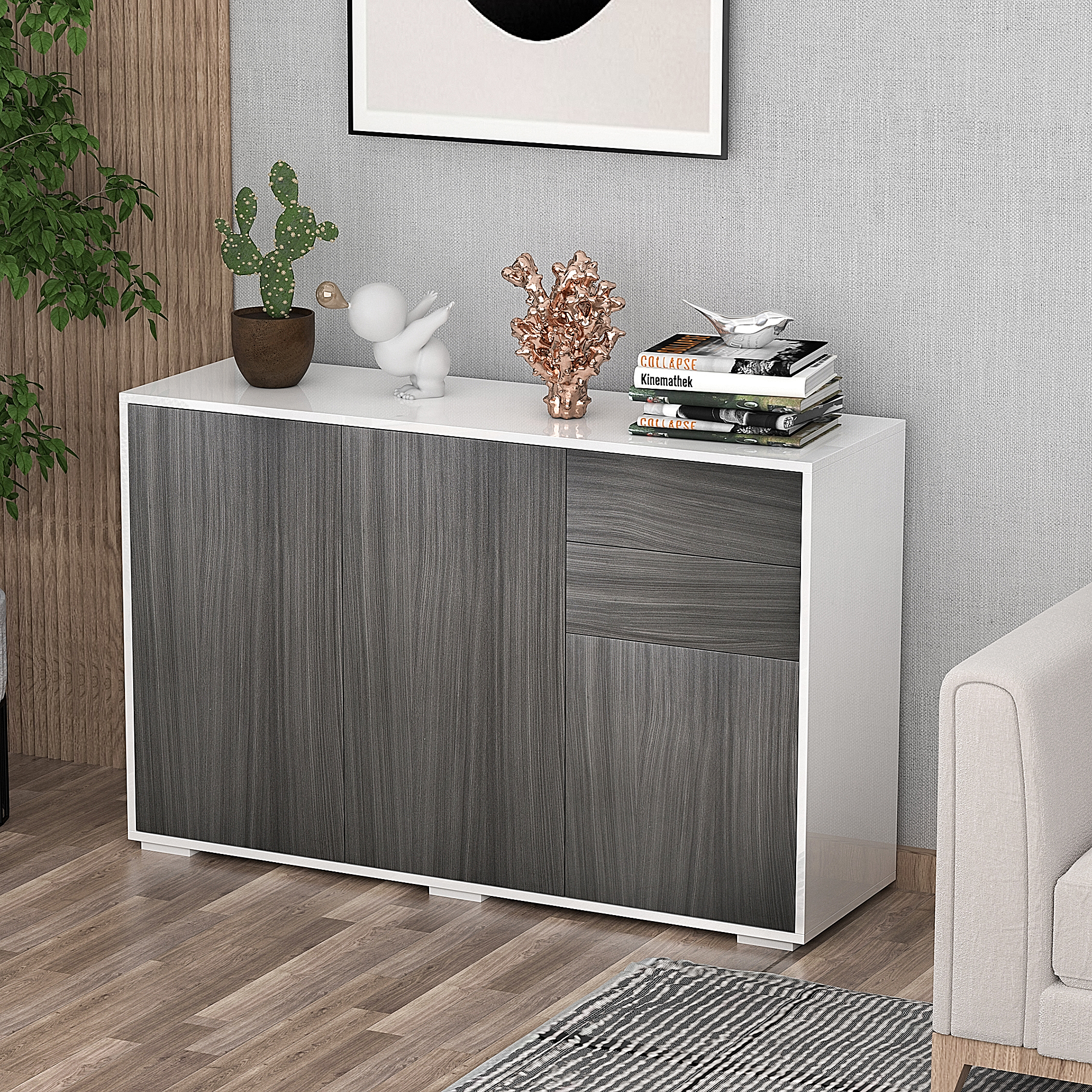 Homcom Mobiletto Armadietto Multiuso con 2 Cassetti, Credenza con 2 Armadietti con Apertura a Pressione per Cucina e Ufficio, Grigio Aosom Italy