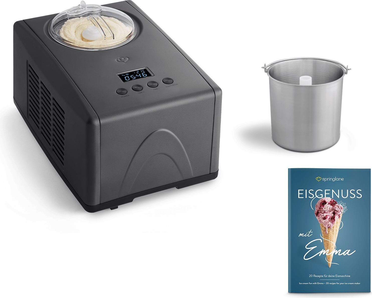 SPRINGLANE Eismaschine Emma 1,5 L mit selbstkühlendem Kompressor 150 W inkl. Edelstahl Zusatzbehälter, Eiscrememaschine aus Edelstahl mit entnehmbarem Eisbehälter, inkl. Rezeptheft