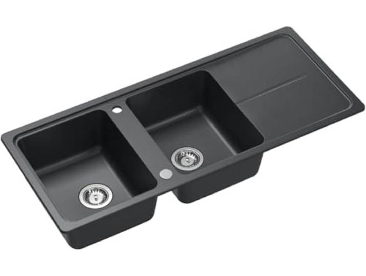 QUADRON Spülbecken NEAL 121 Granitspüle Küche, Größe: 116 x 50 x 20,5 cm, Farbe: Schwarz, Küchenspüle Einbeckenspüle, 2 Beckenspüle Küchenspüle, 2-Kammer-Spülbecken mit Manuell Siphon
