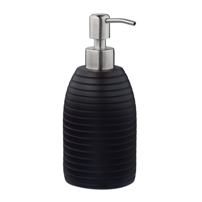 Relaxdays Set van 2 navulbare zeepdispensers, zwart en zilver, 300 ml met RVS-pomp