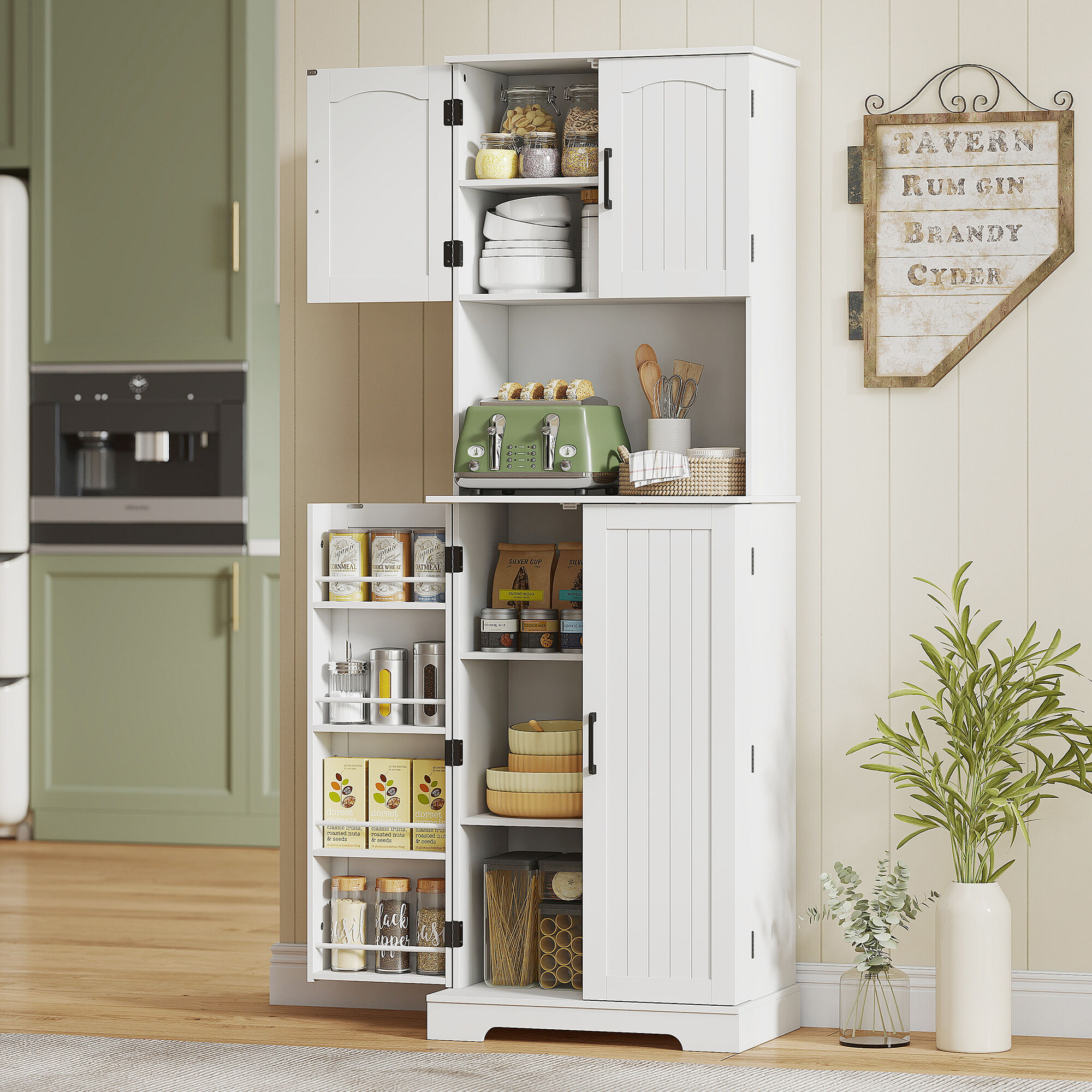 Altro Credenza Da Cucina Alta Stile Country, 2 Armadietti E 8 Portaspezie, 60x40x181.5 Cm, Bianco