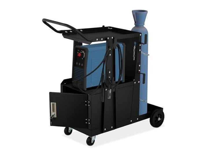 Relaxdays Schweißwagen, 3 Ablagen, Tür, Stellplatz für Gasflasche, Schweißgerätewagen, 110 kg, HBT: 89x47x97 cm, schwarz