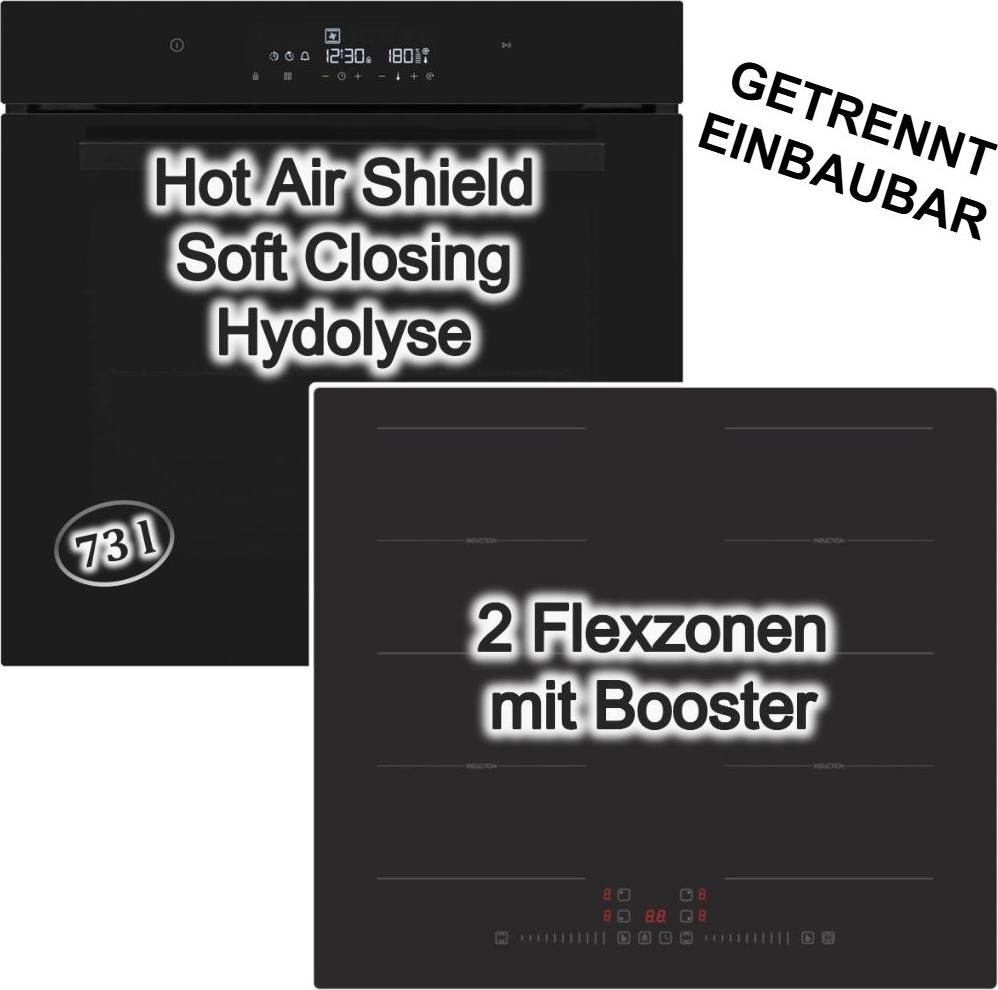Herdset Backofen Hydrolyse SoftClose 73 Liter Induktionskochfeld 60 cm Flexzonen Booster autark rahmenlos Daewoo PKM