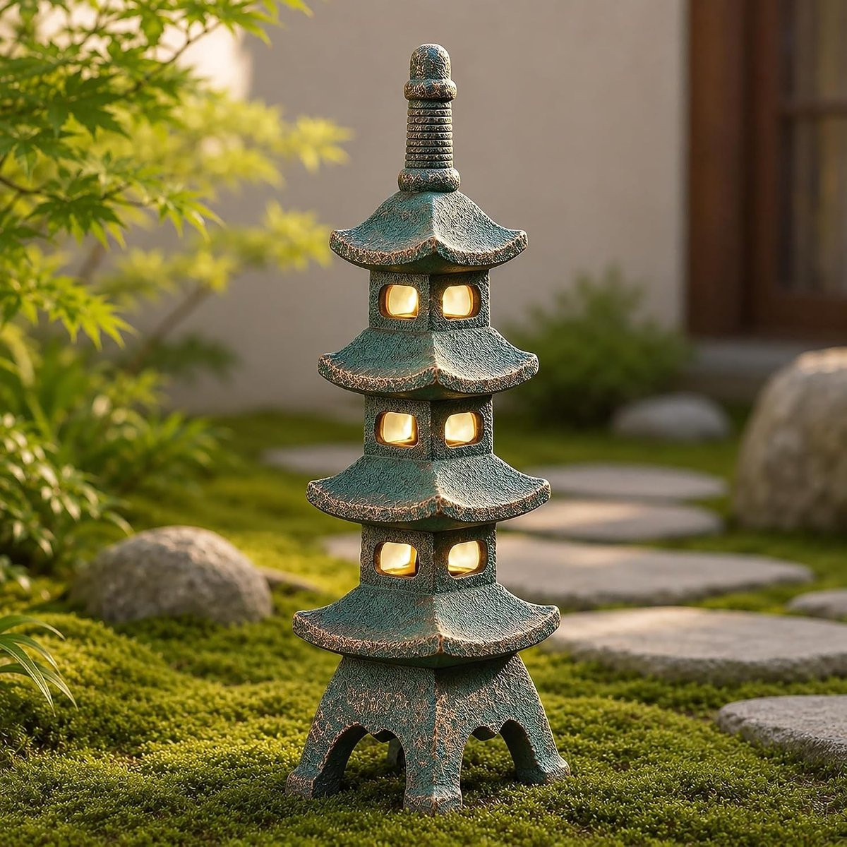 Solar Pagoda Tuinornament met LED Verlichting, Houten Toren Decoratie voor Buiten, 40 cm
