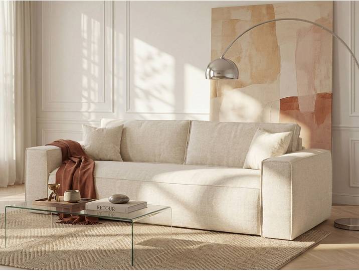 4-Sitzer Schlafsofa Express aus beigem Stoff - Liegefläche 160 cm - 16 cm Matratze mit Memory-Schaum - AMELIA