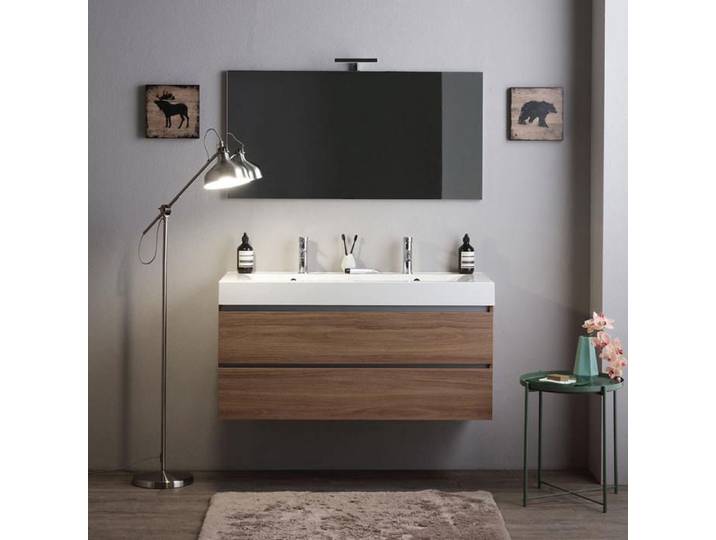 Meuble 120cm tiroirs chêne naturel double lavabo et miroir 120x60 Valentina