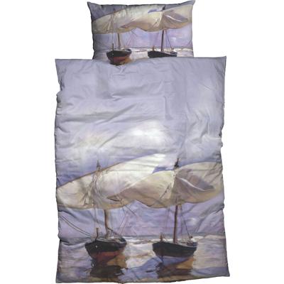 Bettwäsche GOEBEL "Sorolla Beach Boats", blau (graublau), B/L: 135cm x 200cm, 1 Stk., 1 Stk., Satin, B/L: 80cm x 80cm, 2 Stk., Satin, Obermaterial: 100% Baumwolle, Bettwäsche, Bettwäsche, Design eines des bedeutendsten spanischen Künstlers Joaquin...