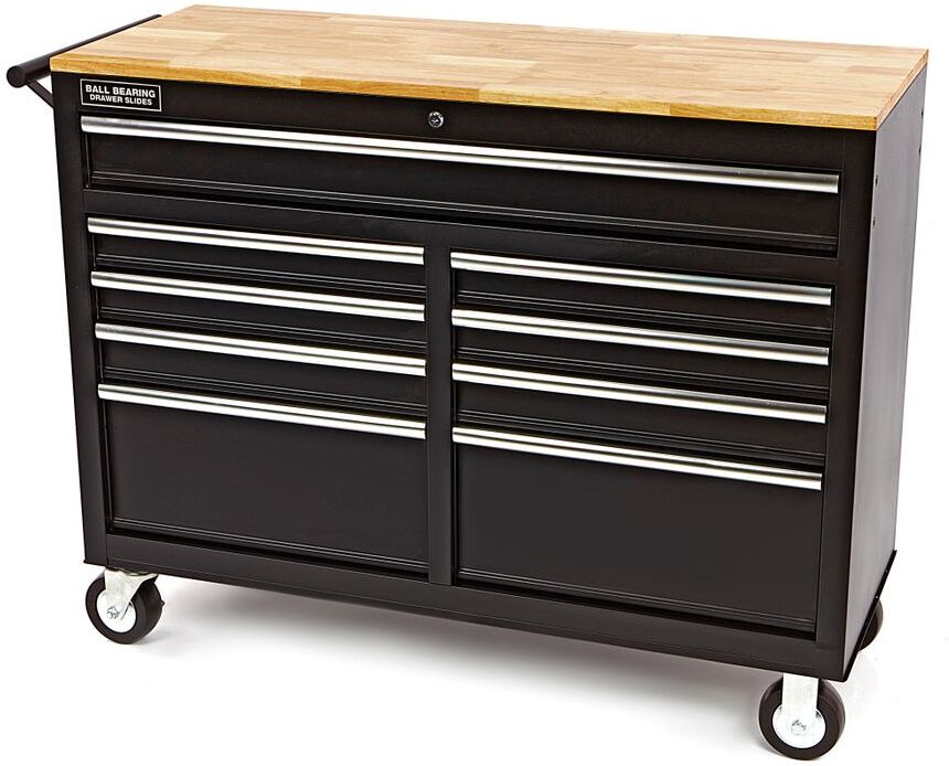 HBM carrello porta attrezzi mobile, banco da lavoro con piano di lavoro in legno 117 cm, nero