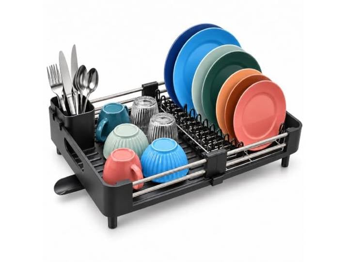 Relaxdays Égouttoir\, Noir panier à couverts et bac d'égouttage\, extensible\, cuisine\, plastique\, inox