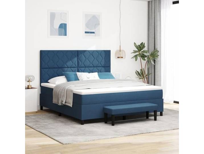SKTQYQO Boxspringbett mit Matratze und blauer Sitzbank, geeignet für Hotels und Studios, 180 x 200 cm, Stoff