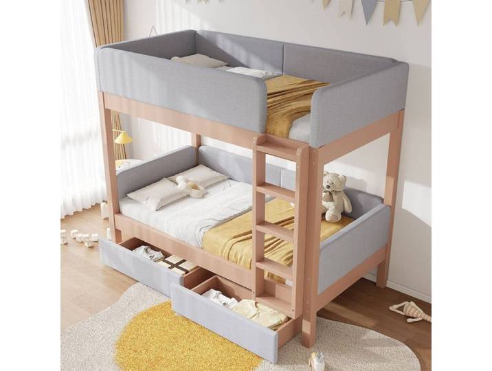 Lit Superposé Enfant bois 90x200 Gris Nature avec Escalier Tiroirs et Rangement-Norevia