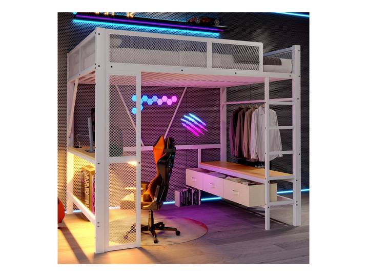 MODFU Hochbett Funktionsbett Stauraumbett Kinderbett (mit LED, USB & Schreibtisch – Kinderzimmer Hochbett mit Schubladen & offenem Kleiderschrank, 1-St., 140x200cm)