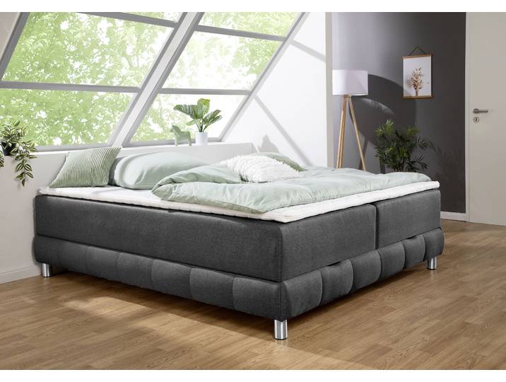 Boxspringbett, Strukturstoff, Anthrazit, 146×206 cm, Mit Bettkasten & Topper, Modern, Inosign