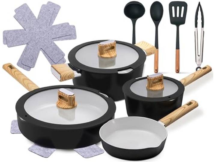 NutriChef Topfset Pfannenset Induktion, 14 Teilig, Schwarz – Keramik Antihaft Kochgeschirr mit Abnehmbaren Klappgriffen, Glasdeckeln, Platzsparender Aufbewahrung und Gleichmäßiger Wärmeverteilung