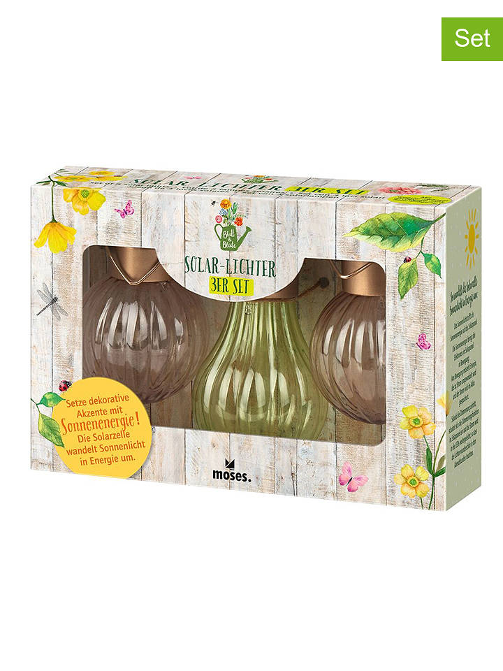 moses. 3er-Set: LED-Solarleuchten "Blatt & Blüte" in Rosa/ Grün - Ø 6 cm - onesize