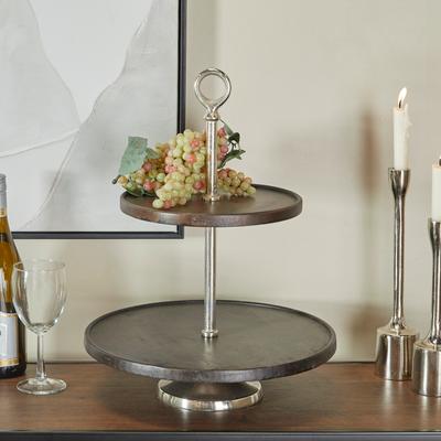 ARCILLA ELEMENTAL Dark Brown Mango Wood Tiered Server with Aluminum Bases or Gold Stand - 2 Tier or 3 Tier