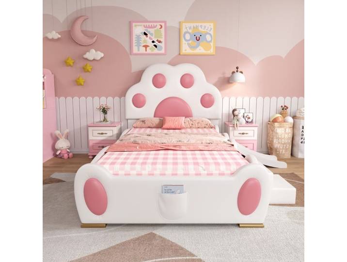 Lit fille 90x200 cm - Lit enfant simple avec tête de lit patte de chat - toboggan et échelle - PU - blanc et rose