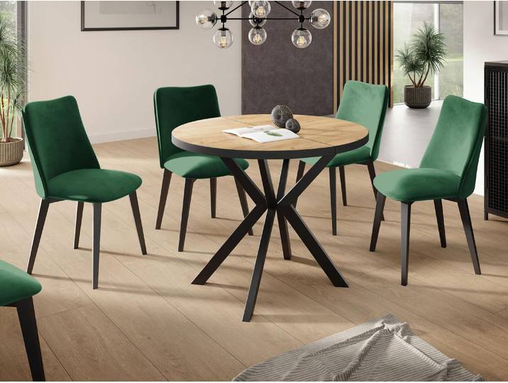 Runder Ausziehbar Tisch für das Esszimmer - Tischrand Schwarzes Nachbildung - 100 oder 120 cm - Ausziehbarer Tisch mit Pulverbeschichteten Schwarzen Metallbeinen - 120 cm - Craft Eiche