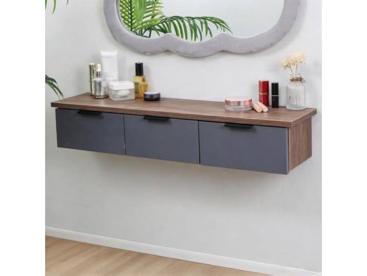 Schwebender Schminktisch, Schminktisch Wandmontage, Holz mit Schubladen 3 Aufbewahrungsschubladen, Vormontiert und Platzsparend für Schlafzimmer, Wohnzimmer und Arbeitsbereich(E)
