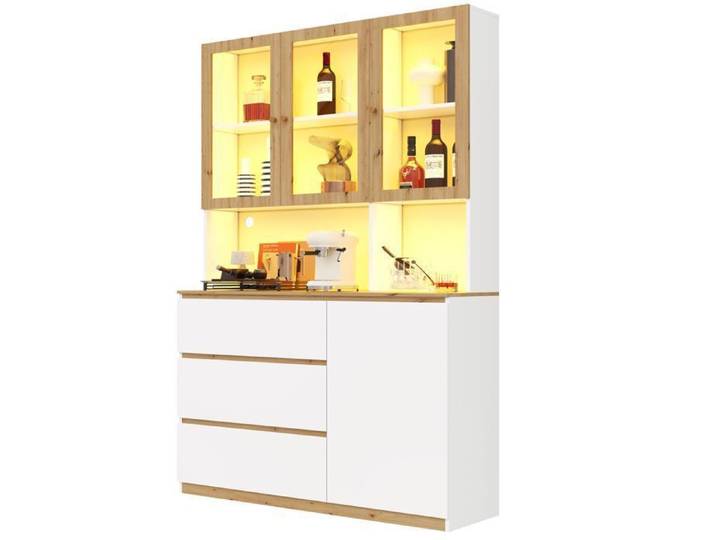 Vitrine haute avec éclairage LED avec plan de travail prolongé vitrine en verre armoire haute de cuisine et bibliothèque 120×200cm