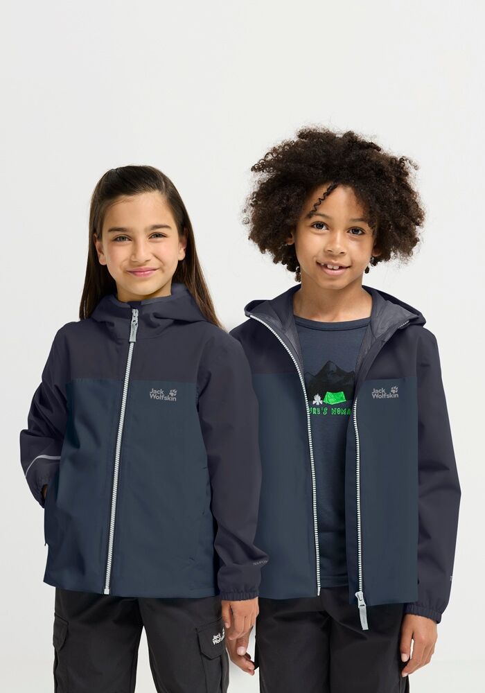 Regenjacke JACK WOLFSKIN "ADVENTURETRIBE 2L JKT K", Kinder, Gr. 140, blau (midnight sky), Obermaterial: 100% Polyester. Futter: 100% Polyester, normal, Jacken Regenjacke, atmungsaktiv, wasserdicht, mit Reissverschluss midnight sky 140