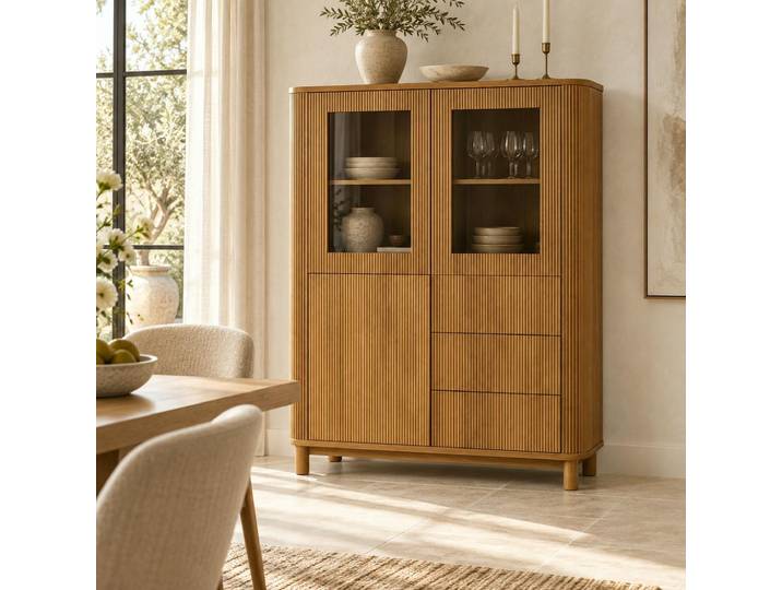 Buffet haut chêne rainuré 2 portes vitrées IENA