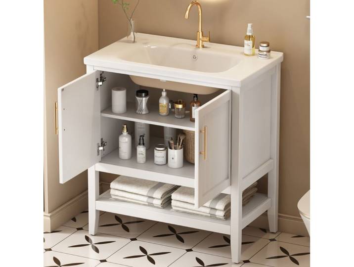 SENVIRO Meuble sous vasque 80 cm blanc vasque céramique 2 portes rangement ouvert
