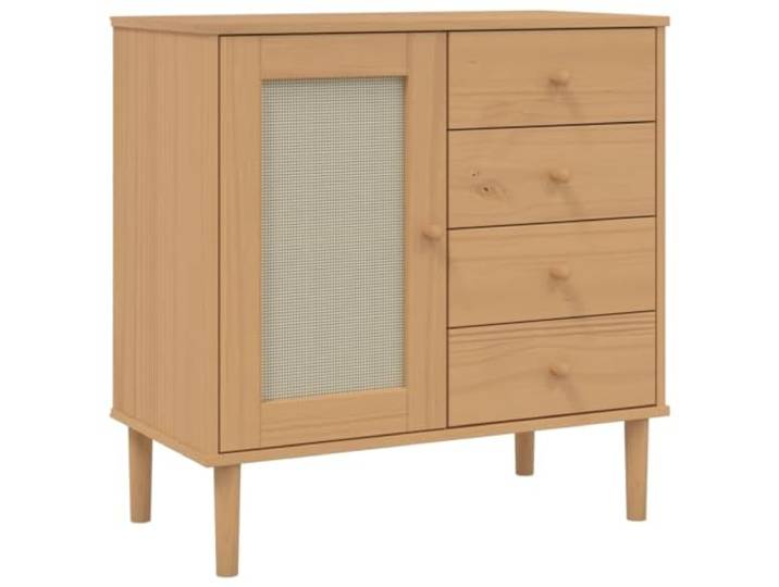 HKTMGDNG Sideboard 80x40x80 cm Kommode Kiefernholz Braun Wiener Geflecht im Boho-Stil fürs Wohnzimmer: Geräumige Fächereinteilung mit vier Auszügen und Wandfixierung.