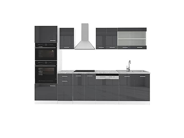 Vicco Küchenzeile R-Line, Anthrazit Hochglanz, 300 cm 8 Module · Höhenverstellbare Füße · Arbeitsplatte Marmor · Robuste Fronten · Mit Backofen-/Mikrowellenschrank