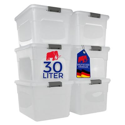 PROREGAL Aufbewahrungsbox mit Deckel 30L 6er Set Klein transparent stapelbar Kunststoffbox Verschlussclips Stapelbox Aufbewahrungsbehälter Büro
