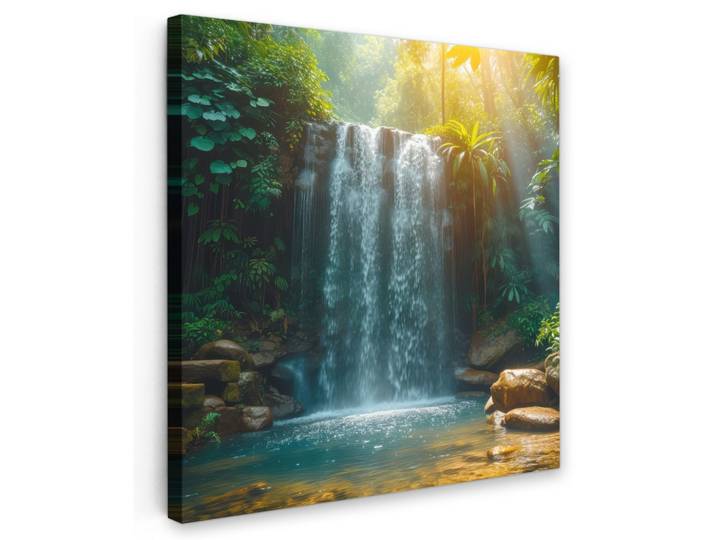LEINWANDBILD Wasserfall - Dschungel - Sonne - Grün - Natur Wandbild Wohnzimmer 50x50 cm