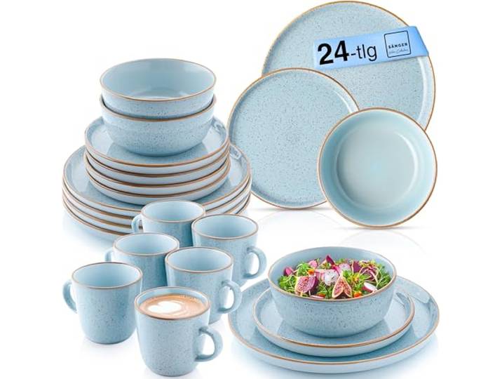 SÄNGER Rio Kombiservice 6 Personen, Teller Set & Kaffeebecher 24 tlg spülmaschinenfest mikrowellenfest Steingut Geschirrset mit Kaffeetassen 430 ml blau