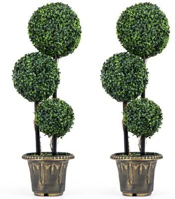 Costway 29 Inches Artificial Boxwood Topiary Tree Triple Ball Shrubs Set of 2