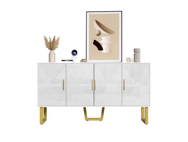 2ème génération sensation chaleureuse 150CM buffet blanc de luxe moderne avec porte texturée haute brillance et poignée dorée