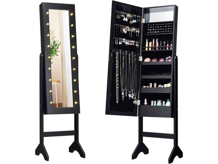 Armoire à Bijoux sur Pied GIANTEX - Miroir Plein Longueur & Lumières LED - Verrouillable Noir