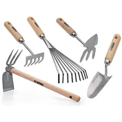 Set 5 Gartengeräte Holzstiel Edelstahl und Eisen handgeschmiedet Hohe Qualität VITO