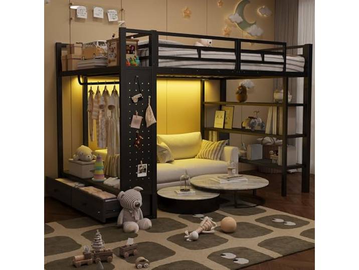 Metallbett Hochbett 140x200 mit LED-Licht & Schreibtisch & Regal, Schwarz Multifunktionales Kinderbett Jugendbett mit LED-Beleuchtung, Schreibtisch, Schubladen, Regal und Stauraum, Ohne Matratze