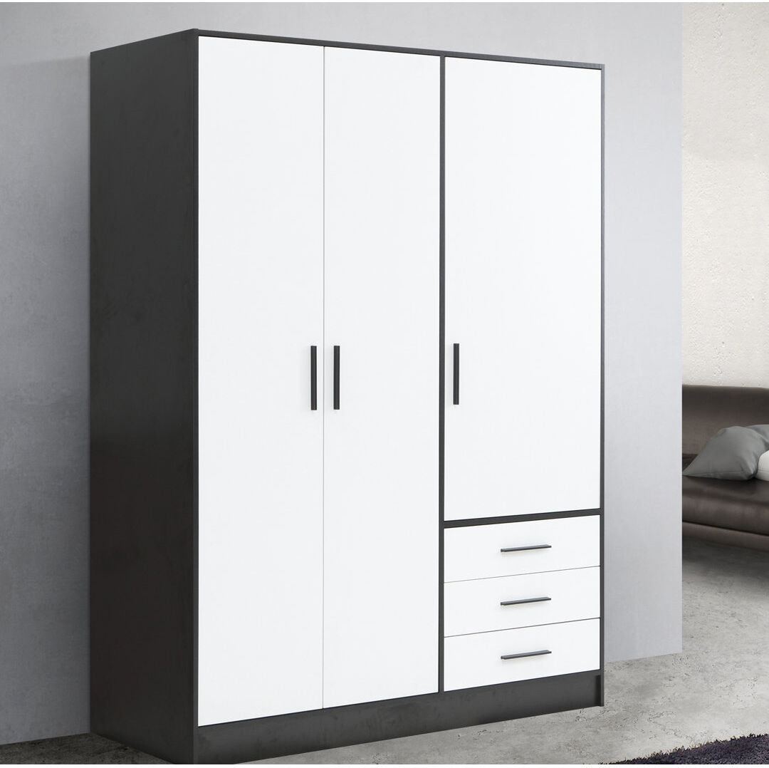 Zipcode Design Ingram 3 Door Wardrobe Matt Black/Matt White 200cm H X 144.6cm W X 60cm D