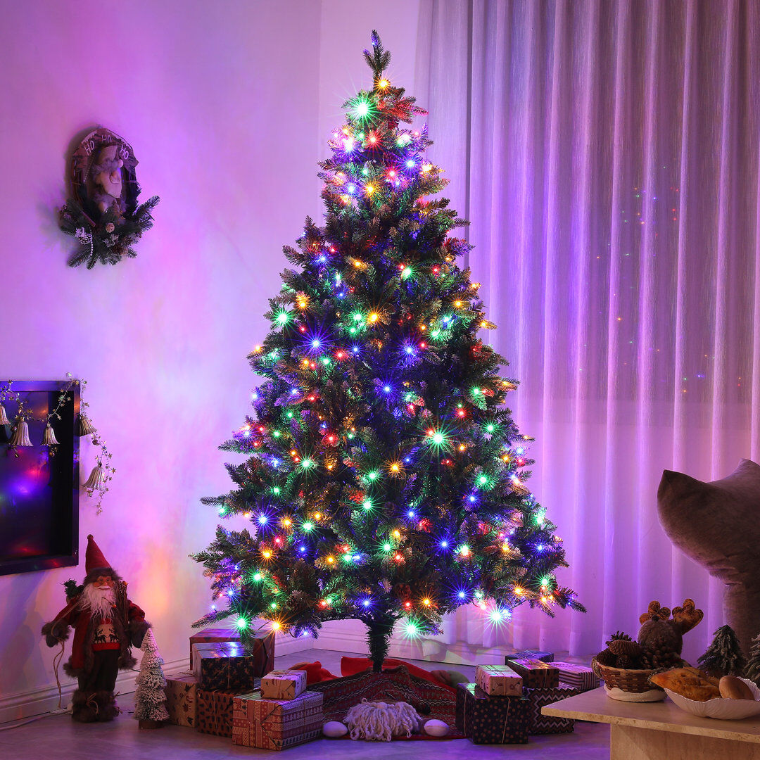 The Seasonal Aisle HOMCOM Artificial LED Christmas Tree with Metal Base Hinged Branches Green 5'