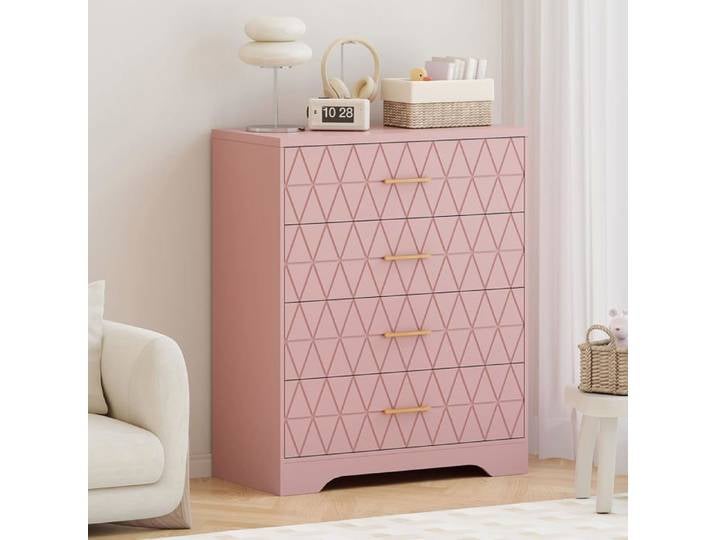 Koioplie Commode haute étroite 4 tiroirs en bois style moderne poignées dorées pour chambre dressing salon PINK
