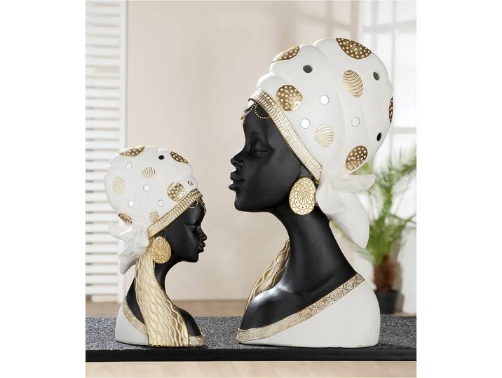 Afrikafigur GILDE Lady Mara mit Kopftuch , beige (creme, schwarz), B:21,5cm H:41cm T:11cm, Kunstharz, Dekofiguren, Afrikafigur, Mit goldfarbenen Spiegelplättchen, Skulptur