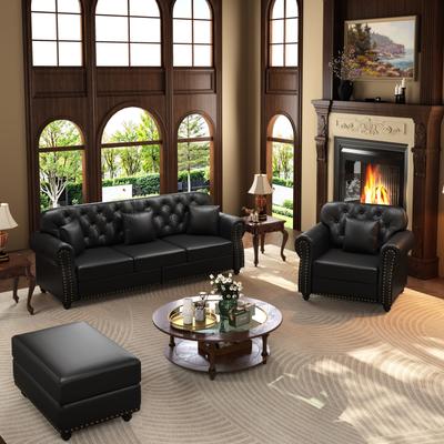 GDFStudio - Mid-Century Modern Chesterfield Sofa Set with Ottoman & Tufted Nailhead Design