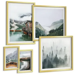 BILDER SET 5er Set - 50x50 cm & 20x30 cm & 40x60 cm Goldrahmen - Berge, See, Boot, Nebel, Strand